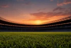 夕暮れのサッカースタジアムのグラウンドとスタンド