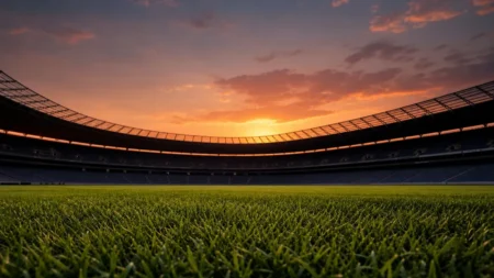 夕暮れのサッカースタジアムのグラウンドとスタンド