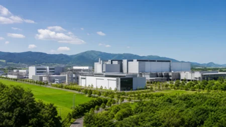 緑豊かな地方の工業団地に広がる工場群と青空