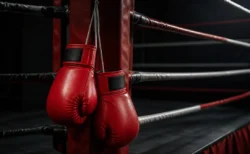 リングコーナーに掛けられたボクシンググローブ