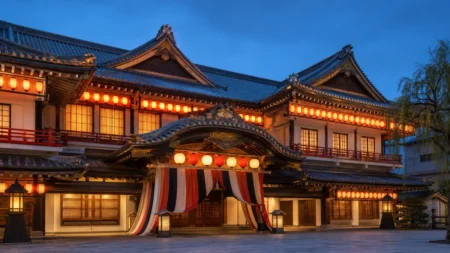 歌舞伎座の提灯や幕を思わせる伝統的な劇場外観の写実的情景