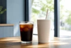 夏の光が差し込むカフェで氷入りのアイスコーヒーと無地のタンブラーが並ぶ様子
