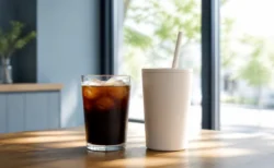夏の光が差し込むカフェで氷入りのアイスコーヒーと無地のタンブラーが並ぶ様子