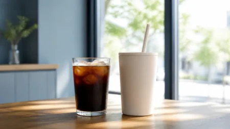 夏の光が差し込むカフェで氷入りのアイスコーヒーと無地のタンブラーが並ぶ様子