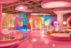 ピンクを基調としたポップでカラフルな体験型ミュージアムの館内をイメージした情景