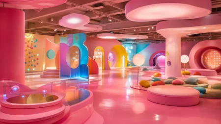 ピンクを基調としたポップでカラフルな体験型ミュージアムの館内をイメージした情景