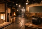 江戸時代風のセットと現代の小学校教室のセットが半分ずつ同居するテレビドラマの収録スタジオ、暖色の照明が差し込む情景