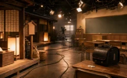 江戸時代風のセットと現代の小学校教室のセットが半分ずつ同居するテレビドラマの収録スタジオ、暖色の照明が差し込む情景