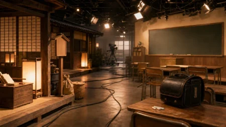 江戸時代風のセットと現代の小学校教室のセットが半分ずつ同居するテレビドラマの収録スタジオ、暖色の照明が差し込む情景