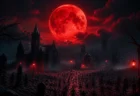 血の色の満月が昇る夜の墓地に無数のシルエットが集まる不気味な雰囲気のイメージ