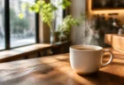 木目調カウンターに湯気の立つコーヒーカップが置かれた明るいカフェ店内のイメージ