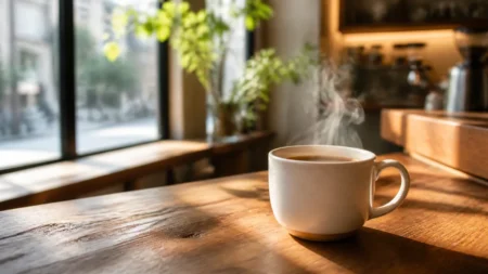 木目調カウンターに湯気の立つコーヒーカップが置かれた明るいカフェ店内のイメージ