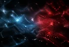 デジタル回路とAIを思わせる幾何学的な光のパターン