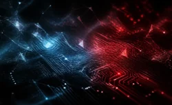 デジタル回路とAIを思わせる幾何学的な光のパターン