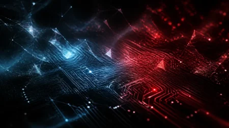 デジタル回路とAIを思わせる幾何学的な光のパターン