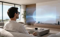 窓から自然光が差し込む明るいリビングで、AR型スマートグラスを装着した男性が目の前に浮かぶ半透明の大画面ディスプレイを見ている情景