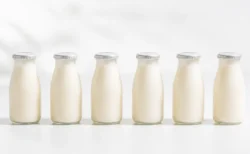 白背景に整列した乳酸菌飲料風の小瓶6本を写した清潔感のある写実的な情景