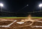 ナイター照明下の無人の野球スタジアム、打席付近に舞う土煙のイメージ