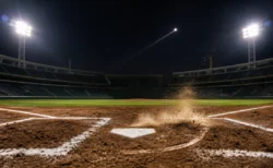 ナイター照明下の無人の野球スタジアム、打席付近に舞う土煙のイメージ