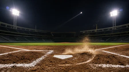 ナイター照明下の無人の野球スタジアム、打席付近に舞う土煙のイメージ