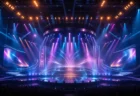 カラフルな照明ビームと霧のエフェクトに包まれた音楽ライブステージのイメージ