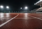 夜間照明に照らされた陸上競技場のトラックレーン