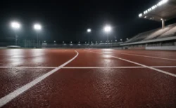 夜間照明に照らされた陸上競技場のトラックレーン