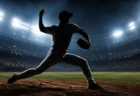 ナイター照明の下、投球する野球選手のシルエット