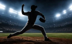 ナイター照明の下、投球する野球選手のシルエット