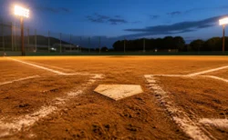 夕方のナイター照明に照らされた高校野球のホームベース付近