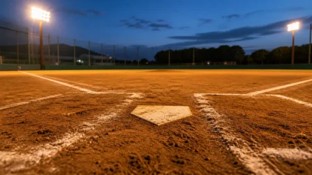 夕方のナイター照明に照らされた高校野球のホームベース付近