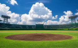 夏空の下、雲がわく甲子園球場のマウンドと客席