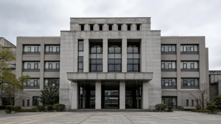 曇り空の下に立つ、市役所を思わせる重厚な官公庁建物の外観