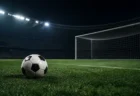ナイター照明のサッカースタジアム、芝生上に置かれたサッカーボールと奥に見えるゴールネット