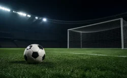 ナイター照明のサッカースタジアム、芝生上に置かれたサッカーボールと奥に見えるゴールネット