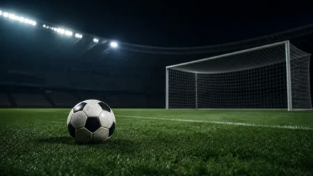 ナイター照明のサッカースタジアム、芝生上に置かれたサッカーボールと奥に見えるゴールネット