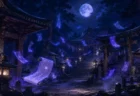 夜の神社境内で青紫色に発光する忍法の巻物や霊符が満月の下で宙に舞う幻想的な情景