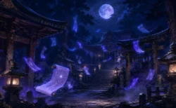 夜の神社境内で青紫色に発光する忍法の巻物や霊符が満月の下で宙に舞う幻想的な情景
