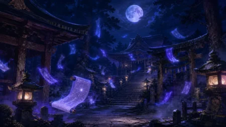 夜の神社境内で青紫色に発光する忍法の巻物や霊符が満月の下で宙に舞う幻想的な情景