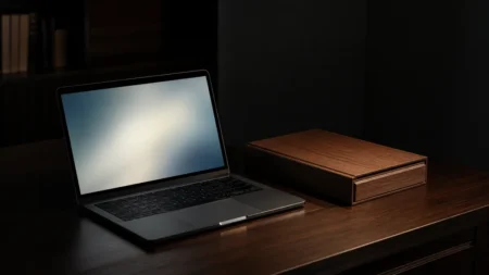 暗い部屋でノートPCの画面が発する柔らかな光と書類ファイル