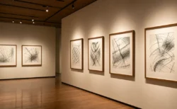 額装されたインク線画が並ぶ美術館ギャラリーの展示壁