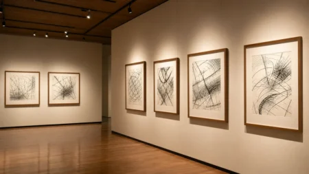 額装されたインク線画が並ぶ美術館ギャラリーの展示壁