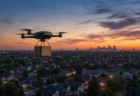 夕暮れのアメリカの住宅街上空を、荷物を吊るして飛行する小型配送ドローン