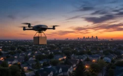夕暮れのアメリカの住宅街上空を、荷物を吊るして飛行する小型配送ドローン