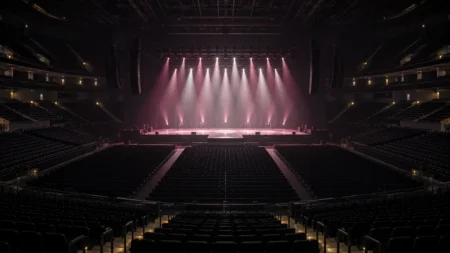 開演前のアリーナのステージに並ぶピンクのライト