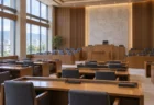昼の光が差し込む地方の市議会議場の空の議員席