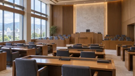 昼の光が差し込む地方の市議会議場の空の議員席