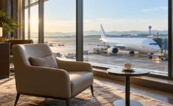 朝の空港の窓越しに見える駐機中の旅客機と無人のラウンジの椅子