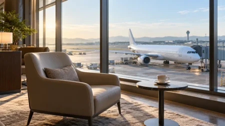 朝の空港の窓越しに見える駐機中の旅客機と無人のラウンジの椅子