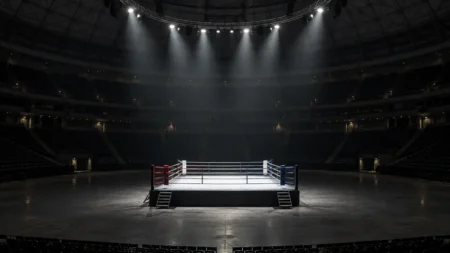 無人の格闘技会場のリングとスポットライト